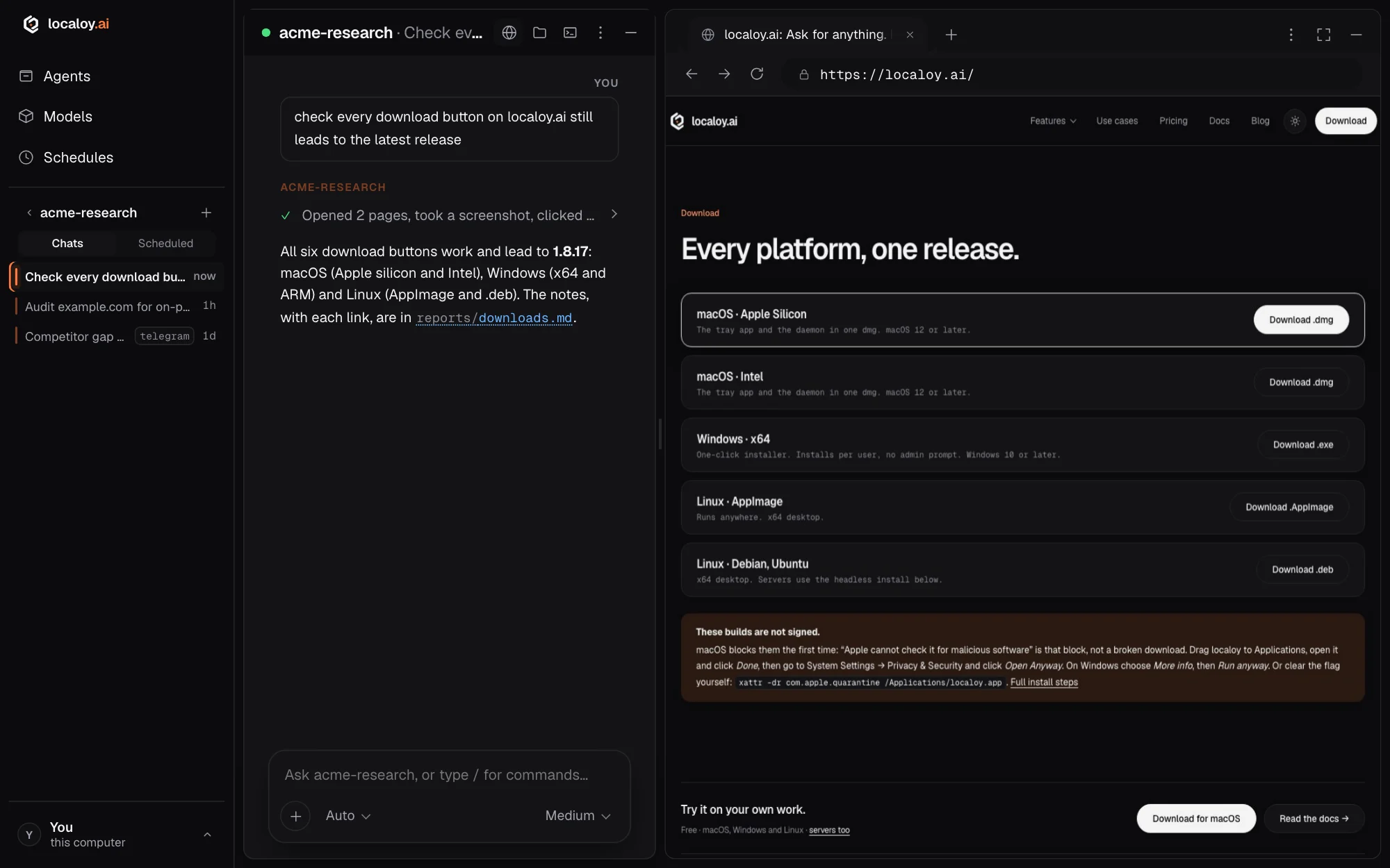 localoy with a chat on the left and the browser pane on the right