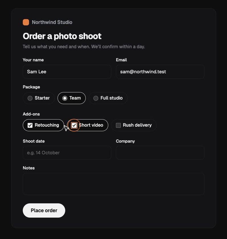 localoy's browser with an order form filled in