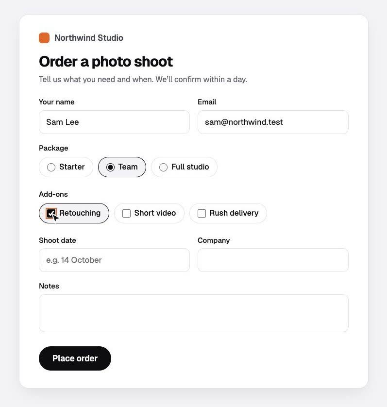 localoy's browser with an order form filled in