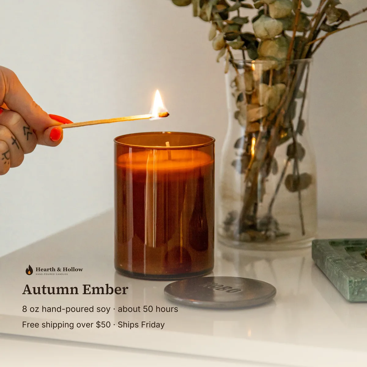 Amazon additional image: the candle with Autumn Ember, 8 oz hand-poured soy, about 50 hours.