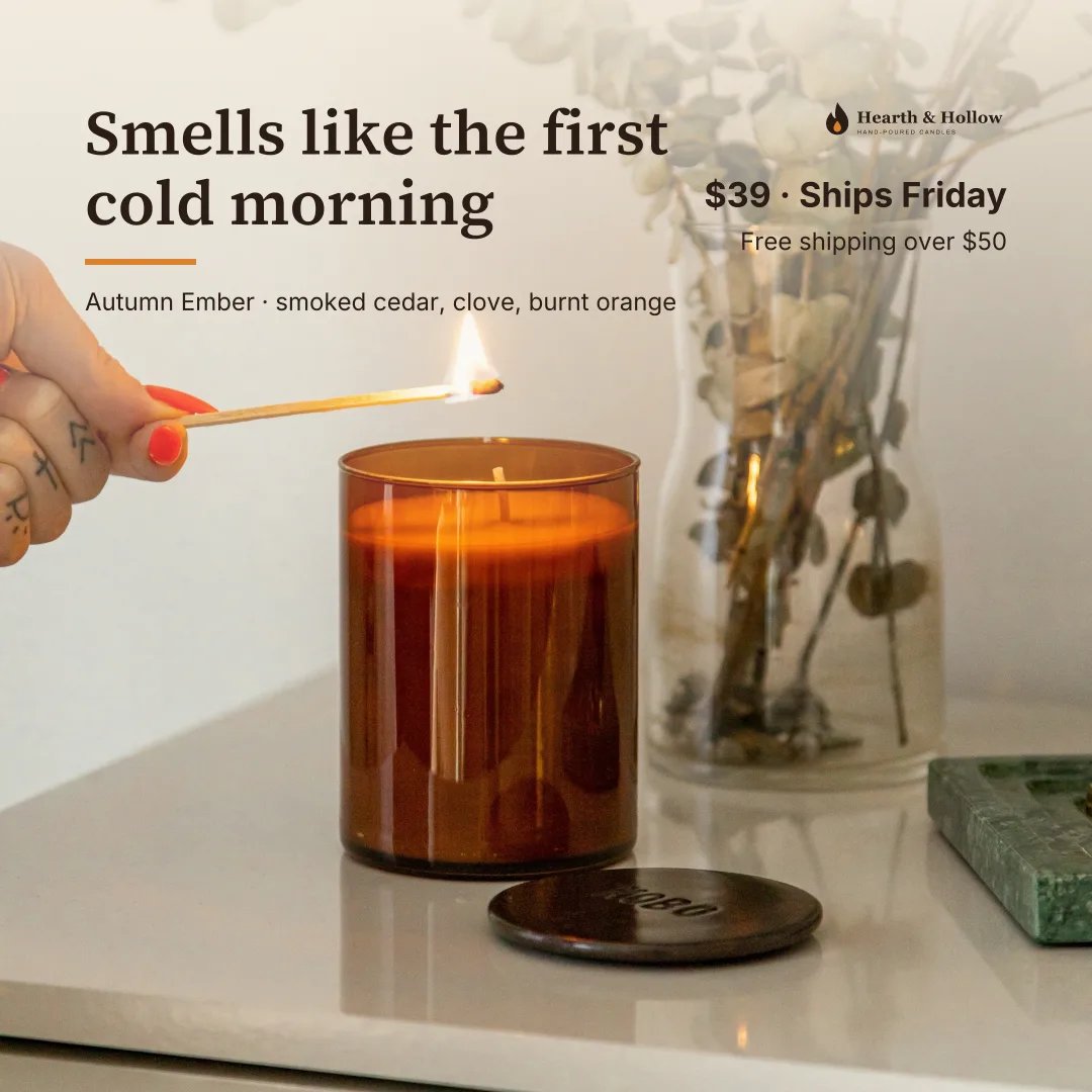 Instagram post: the new headline Smells like the first cold morning over a match lighting the candle, $39 and Ships Friday.