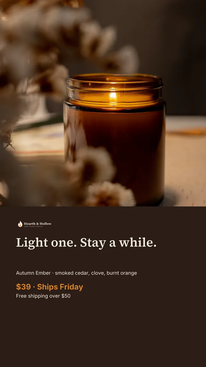 Instagram story: the candle photo above a dark panel with the headline and $39 Ships Friday.