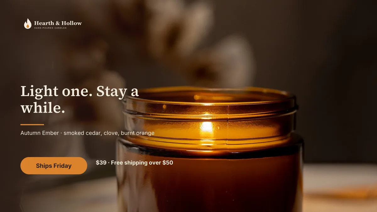 Site hero: Light one. Stay a while. with a Ships Friday button, $39 and free shipping over $50.